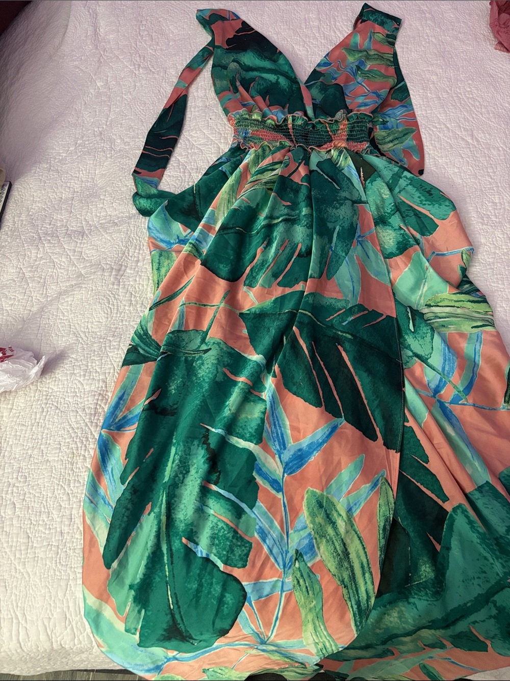 New York & Company Green and Coral Tropical Halter Maxi Dress